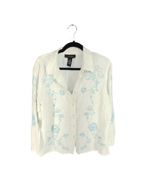 Women's Dialogue Button Down Shirt Large White Blue Floral Embroidered